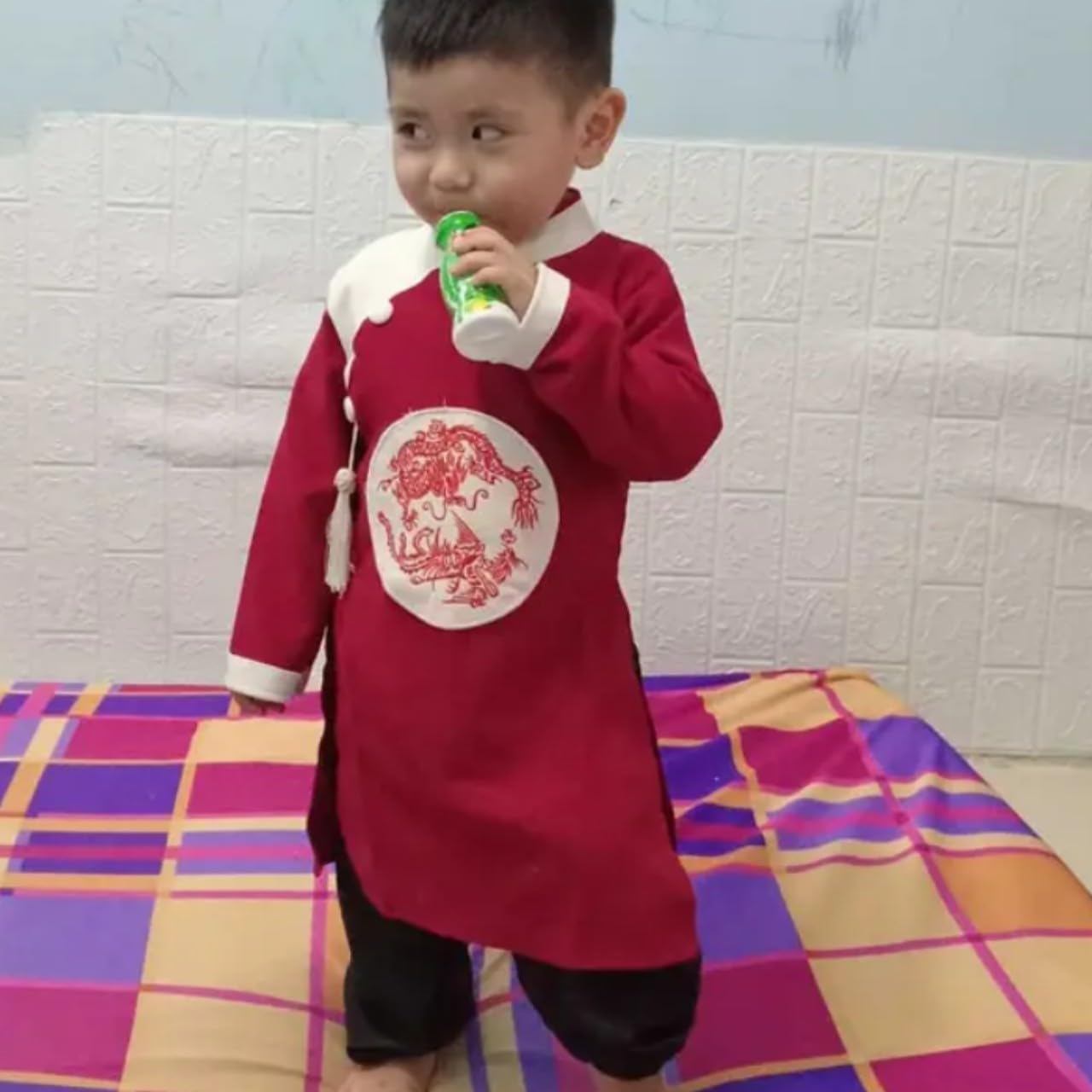 Vietnamese Traditional Boys Ao Dai Set, Velvet Fabric, 1 Ao Dai Set Including Ao Dai and Pants