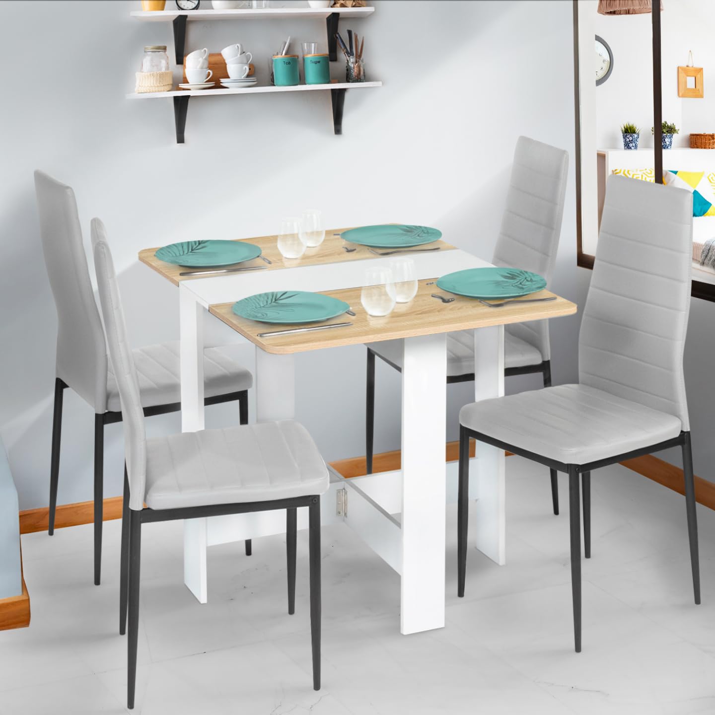 IDMarket - Table Console Pliable EDI 2-4 Personnes Bois Blanc Plateau façon hêtre 103 x 76 cm