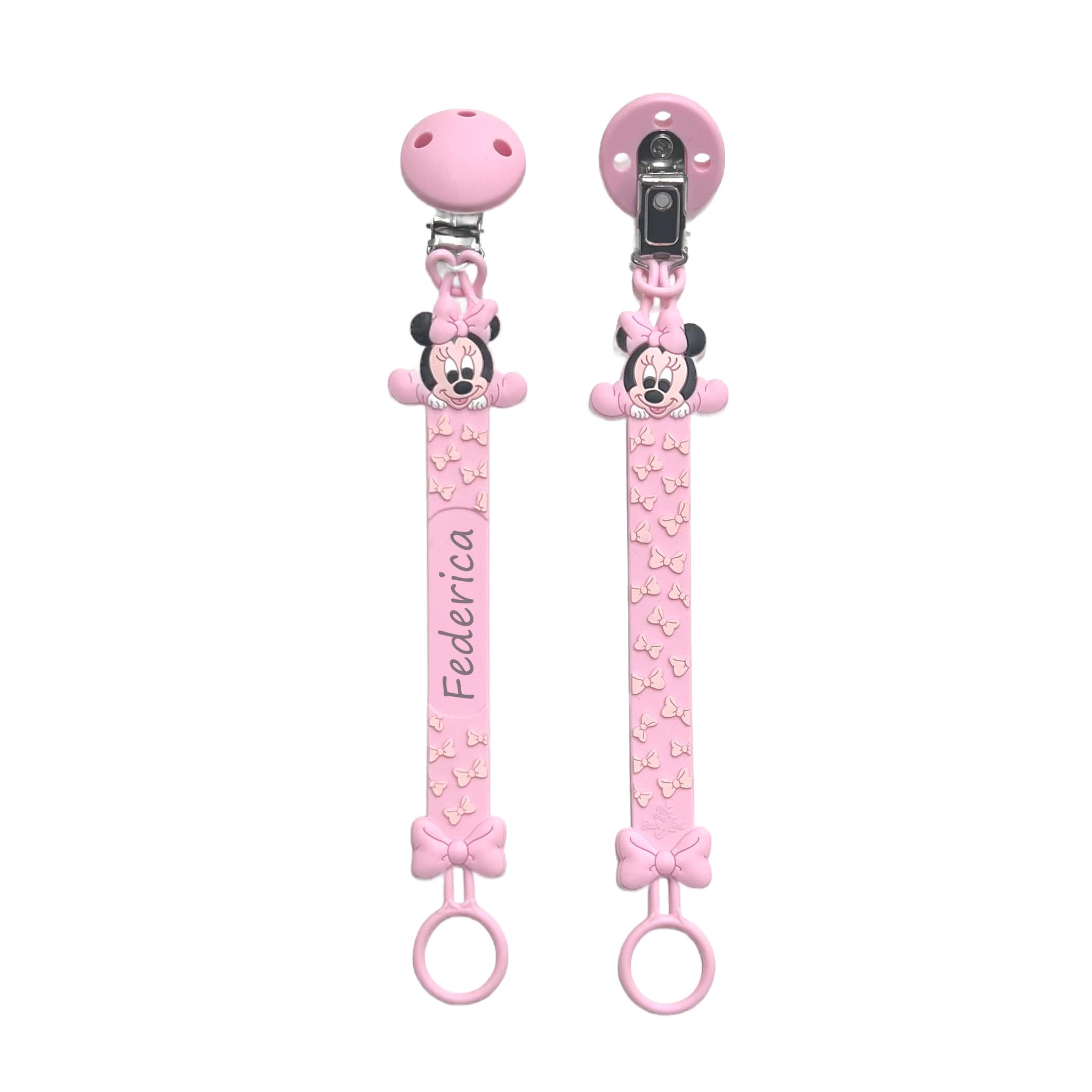 NOVITÁ Fettuccia IN SILICONE, Catenella portaciuccio personalizzata con nome FLAT BABYJART, lavabile, sicura per il bambino, compatibile con ciuccio MAM e CHICCO! (Minnie Rosa Pastello)