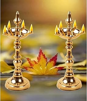 Brass Traditional Kerala Samay Oil/Ghee Diya,Long Diyas for Home, Pooja Room, Pancharti,Panchmukhi Pital Deepak for Puja, Decoration, Aarti, Diwali.Pack of 2 pieaces