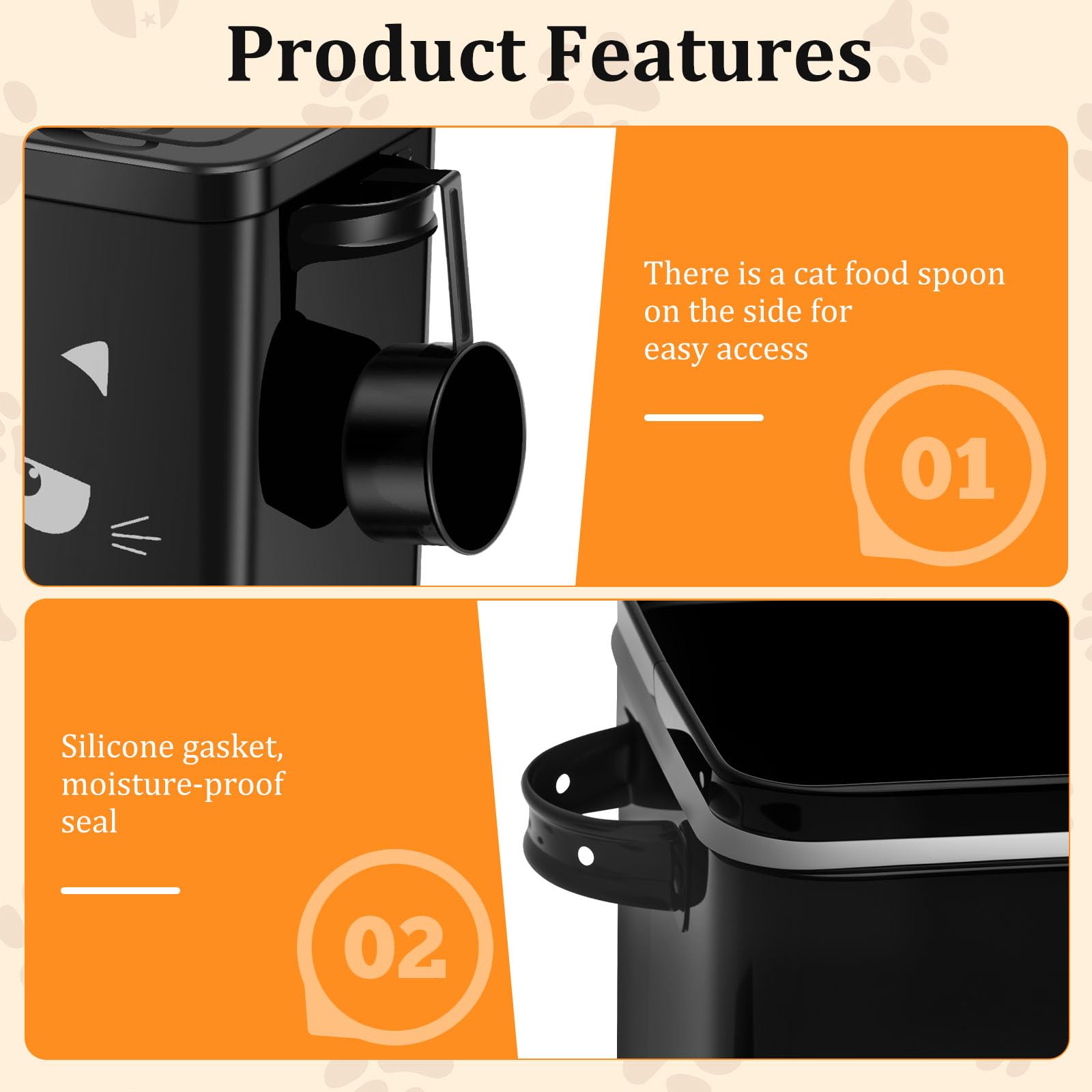 Kandishiex 6L Cat Food Container, Large Capacity Pet Food Storage Bin with Lid Airtight Metal Pet Storage Bucket Portable Cute Cat Treat Container for Home Travels(Black)