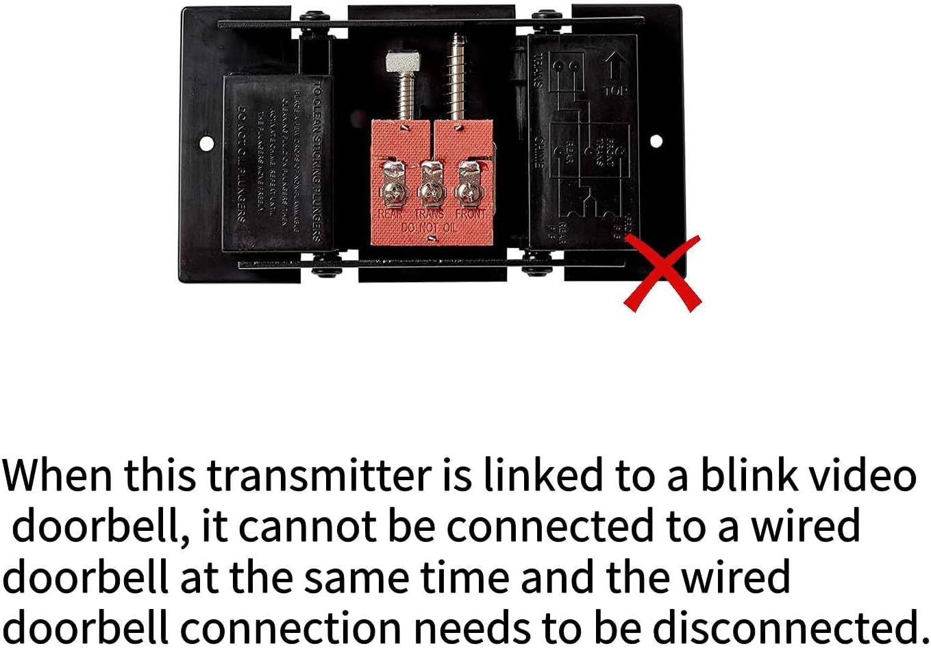 Diagram showing a wired doorbell connection with a red cross, indicating it should be disconnected