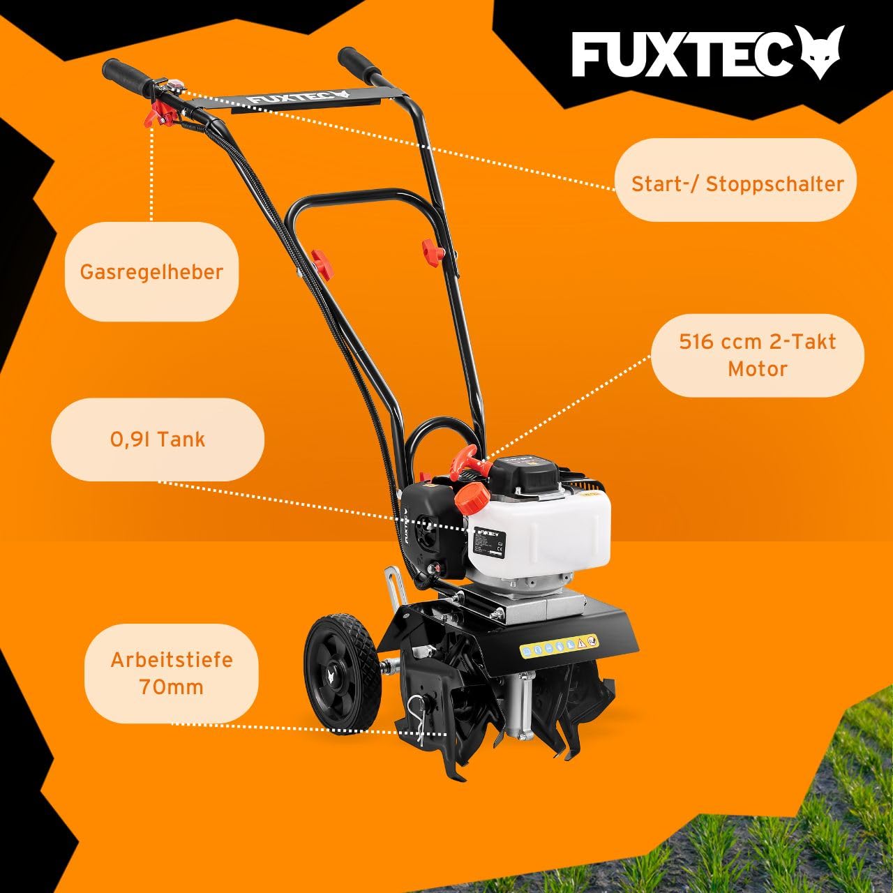 FUXTEC Ackerfräse FX-AF152 – Motorhacke, Bodenfräse mit 2 Takt Motor und 23 cm Breite, einem 51,6 ccm Hubraum, 2 Fräswerkzeuge mit einer Höhe von 70mm - netto Gewicht von 14 Kg