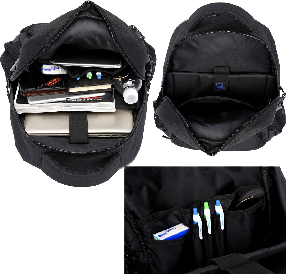 Gudui Slim Waterproof Laptop Backpack, College Computer Backpack, Black Canvas Travel BookBag for Men/Women for 15 15.6 Inch Laptop and Notebook