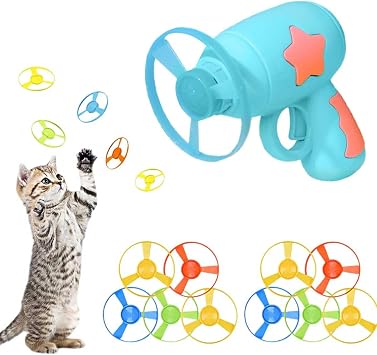 Gamrong Katze-Spielzeug Cat Fetch Toy Haustier Spielzeug für Katze, Cat Toy Sets 1 Blau Launchers und 10 Bunte Fliegende Chasing Untertasse Propellers für Interactive, Training, Jagen, Schlagen