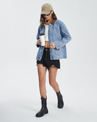 Kedera Women Contrast Color Collar Denim Jacket Oversized Long Sleeve Drop Shoulder Jean Coat with Pockets Outerwear