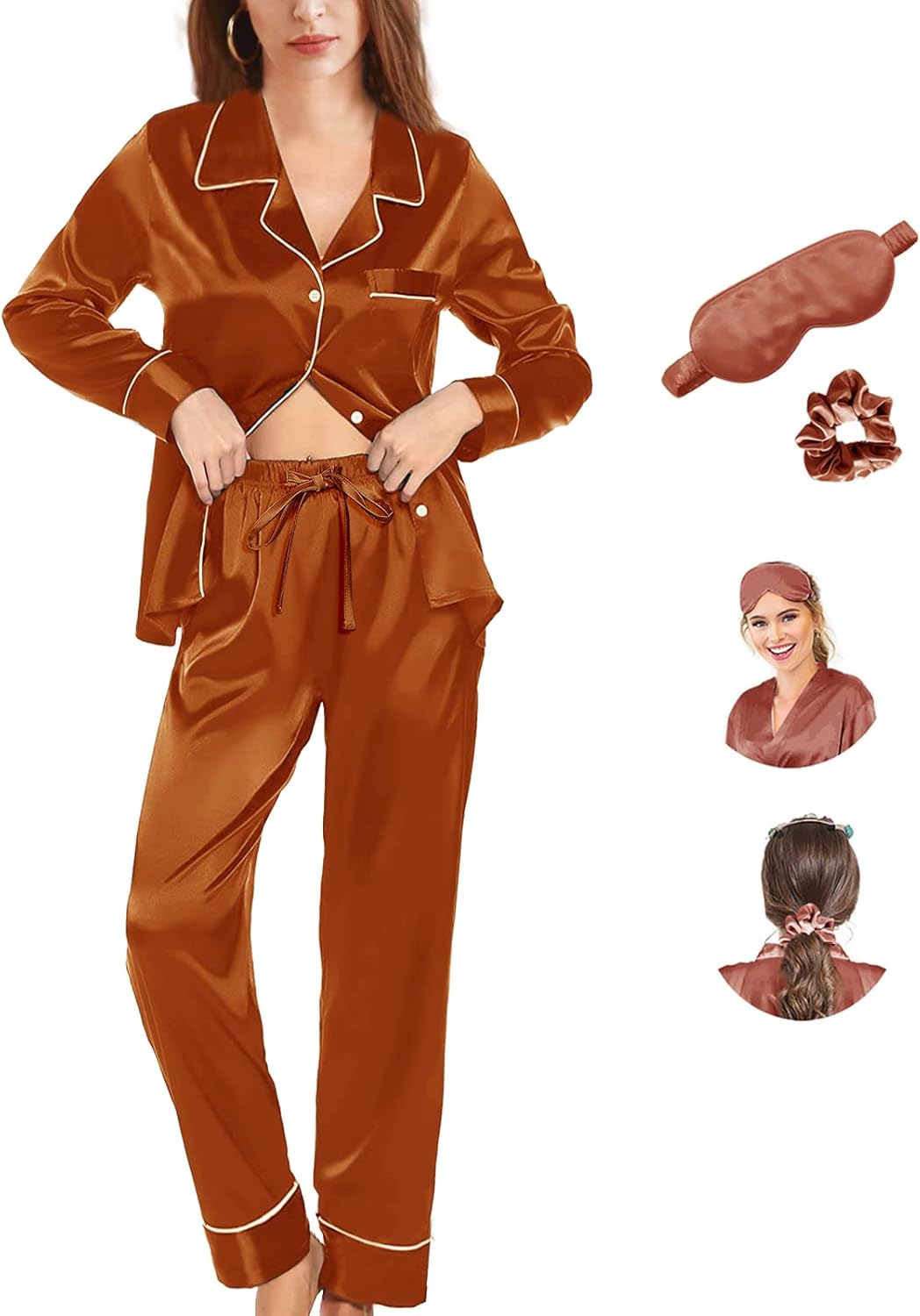 Womens Pajama Set Silk Satin Pajamas Long 2pc Pjs Button Down Sleepwear Pj Set Loungewear - Image 5