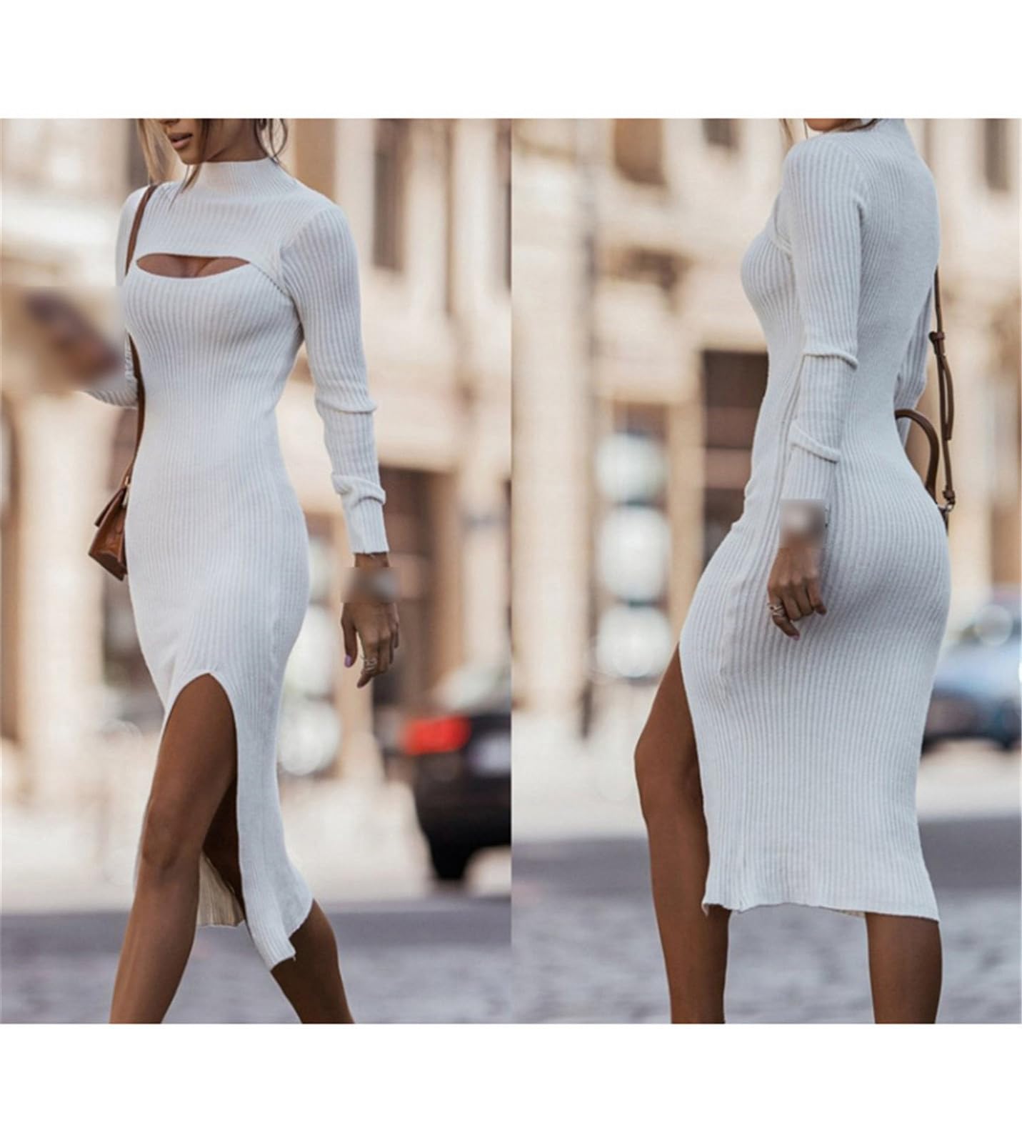 Abito Longuette Lungo Lavorato A Maglia Bianco da Donna Abito Maglione Sexy A Maniche Lunghe Slim Autunno E Inverno in Tinta Unita da Ufficio