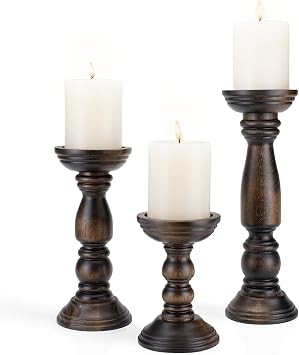 BANOMII Farmhouse Wooden Candle Holders for Pillar Candles Set of 3, Rustic Wood Candle Holder Table Centerpiece Decor, 12 9 6 Vintage Tall Candle Stand Decorative, Dark Brown
