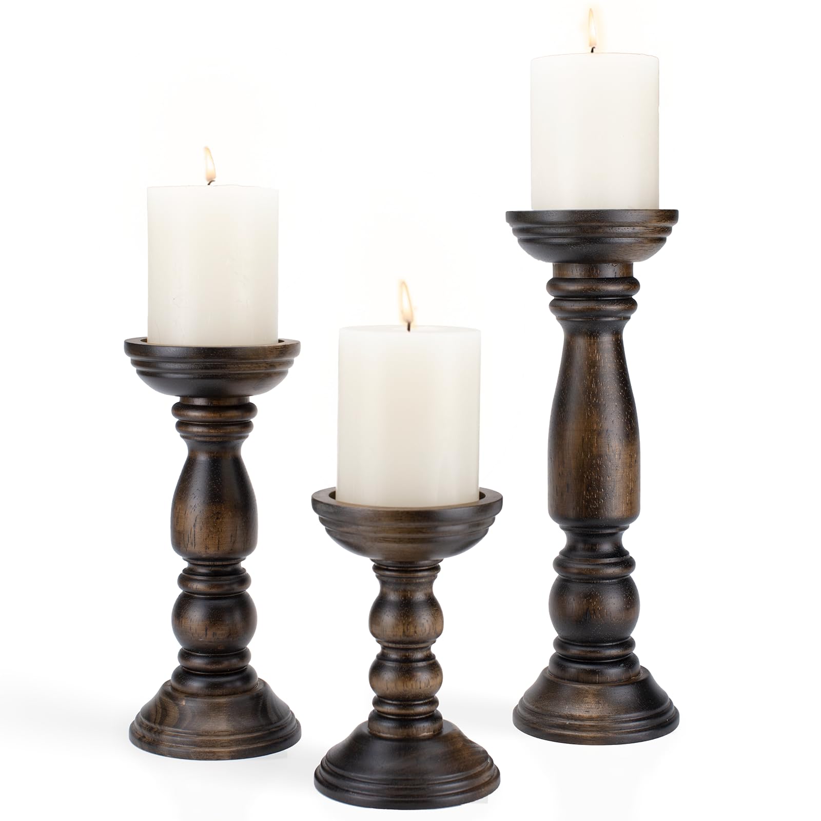 Farmhouse Wooden Candle Holders for Pillar Candles Set of 3, Rustic Wood Candle Holder Table Centerpiece Decor, 12'' 9'' 6'' Vintage Tall Candle Stand Decorative, Dark Brown