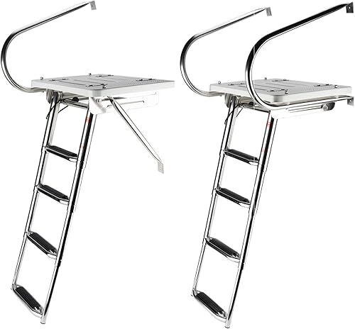 Miniatura 3 de NovelBee Escalera plegable universal de 4 escalones con escalón extra ancho y dos pasamanos, escalera telescópica para barco con accesorios de