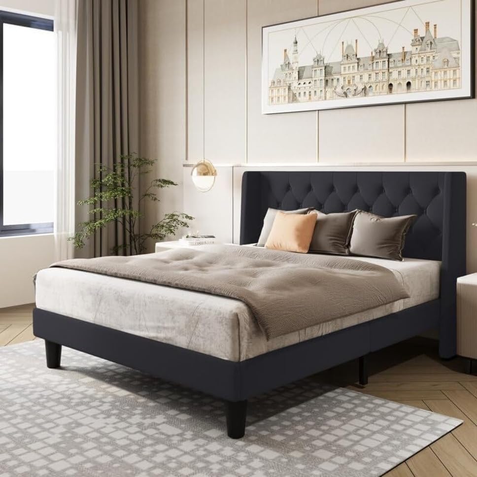 Image of Wooden Modern Upholstered Queen Size Bed for Bedroom | Wooden Double Bed Without Storage | Platform Cot Upholstered Bed with Upholstery Fabric | Engineered Wood | 6.5 x 5 Ft | Black Koa