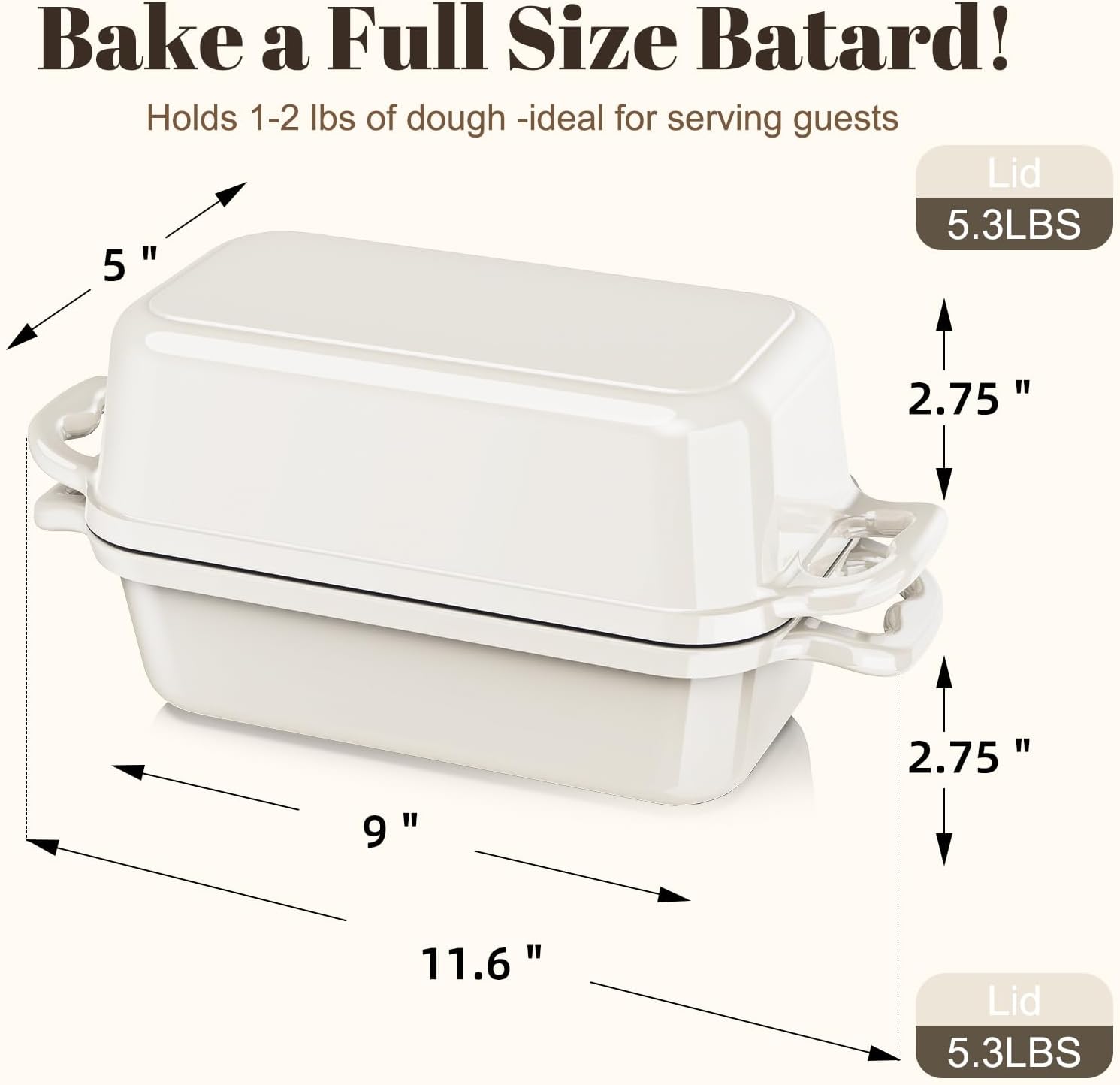 Enameled Cast Iron Sourdough Bread Dutch Oven, Cast Iron Loaf Bread Pan for Homemade Bread Baking, 2PCS 9 x 5Inch Meatloaf Pan with Lid, Oven Safe, Cream