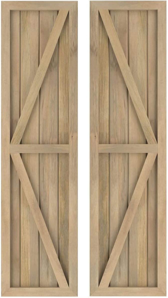 14"W x 63"H Americraft Four Board Exterior Real Wood Two Equal Panel Framed Board-n-Batten Shutters w/Double Z-Bar (Per Pair), Unfinished