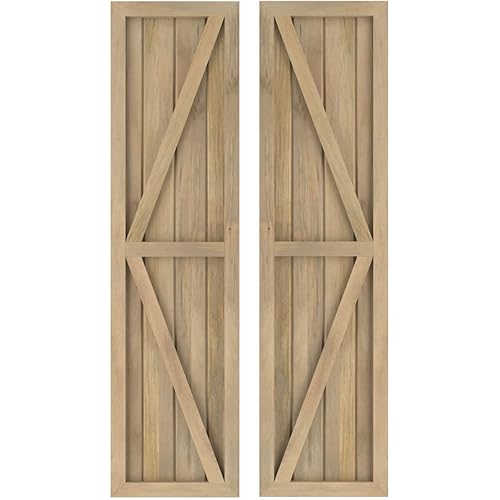 Ekena Millwork ARW102BF414X72UNH Americraft Four Exterior Real Wood Two Equal Panel Framed Board-n-Batten Shutters w/Double Z-Bar (Per Pair), 14"W x 72"H, Unfinished