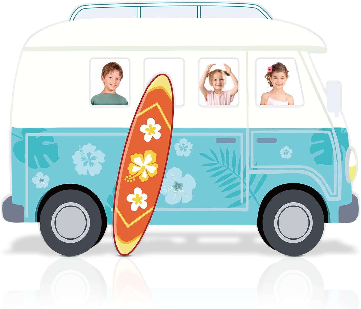 4 ft Summer Beach Tour Bus Cardboard Cutout Tropical Landscape Camping Tour Bus Standup Vintage Coastal Camper Palm Leaves Floral Backdrop Photo Prop Booth for Hawaii Birthday Party Sign Decoration