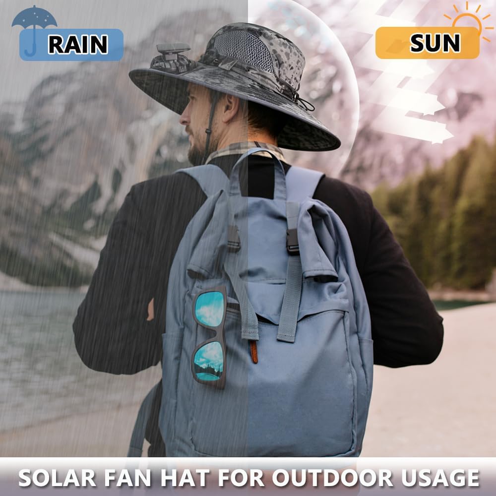 Solar Fan Hat Rechargeable 2Detachable Solar Fans,Water-Repellent Wide Brim Bucket Hat, Outdoor Camping Hiking Golf Sun Hat