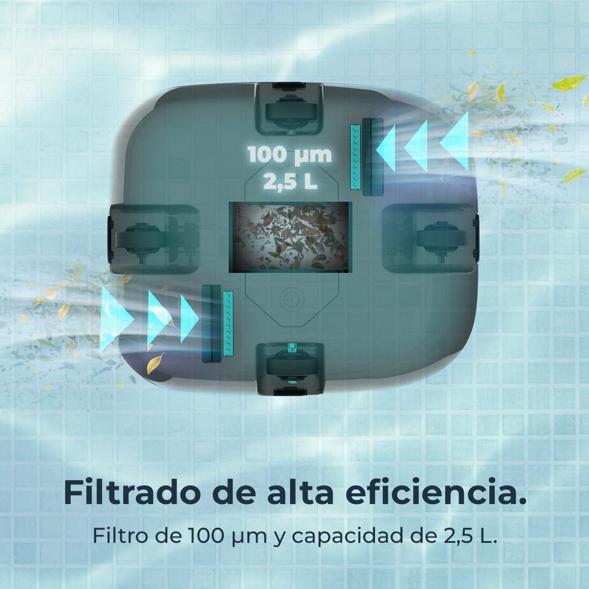 Cecotec Robot Limpiafondos sin Cable para Piscinas sin Pendientes Conga Pooldroid 2000 FloorMaster M. Superficies 80m2, Profundidad Máxima 2,5m, Autonomía 100mins, Filtro Alta Eficiencia 100μm, 2,5L