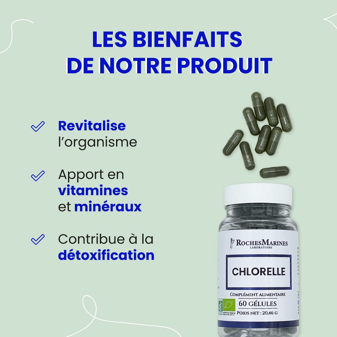Roches Marines - Complément alimentaire Chlorelle BIO - Vitalité - Détoxification de l'organisme - Apport en vitamines, minéraux et chlorophylle - 60 gélules - Développé en France