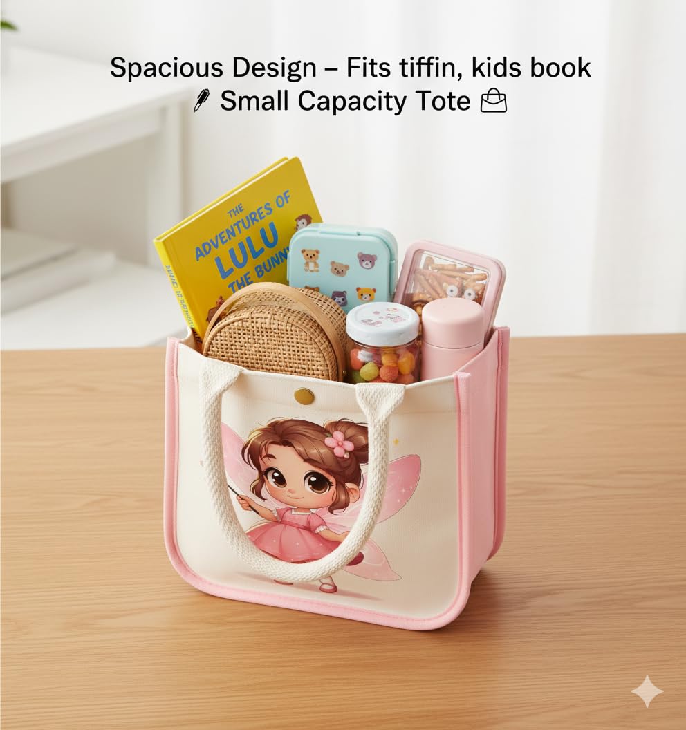 HOBBY INDIA Kids Lunch Bag | Cute & Stylish Mini Tiffin Bag for Boys & Girls | Cute Cotton Cartoon Design I Perfect For Picnic Tuition School, Preschool & Playschool (Fairy) 1