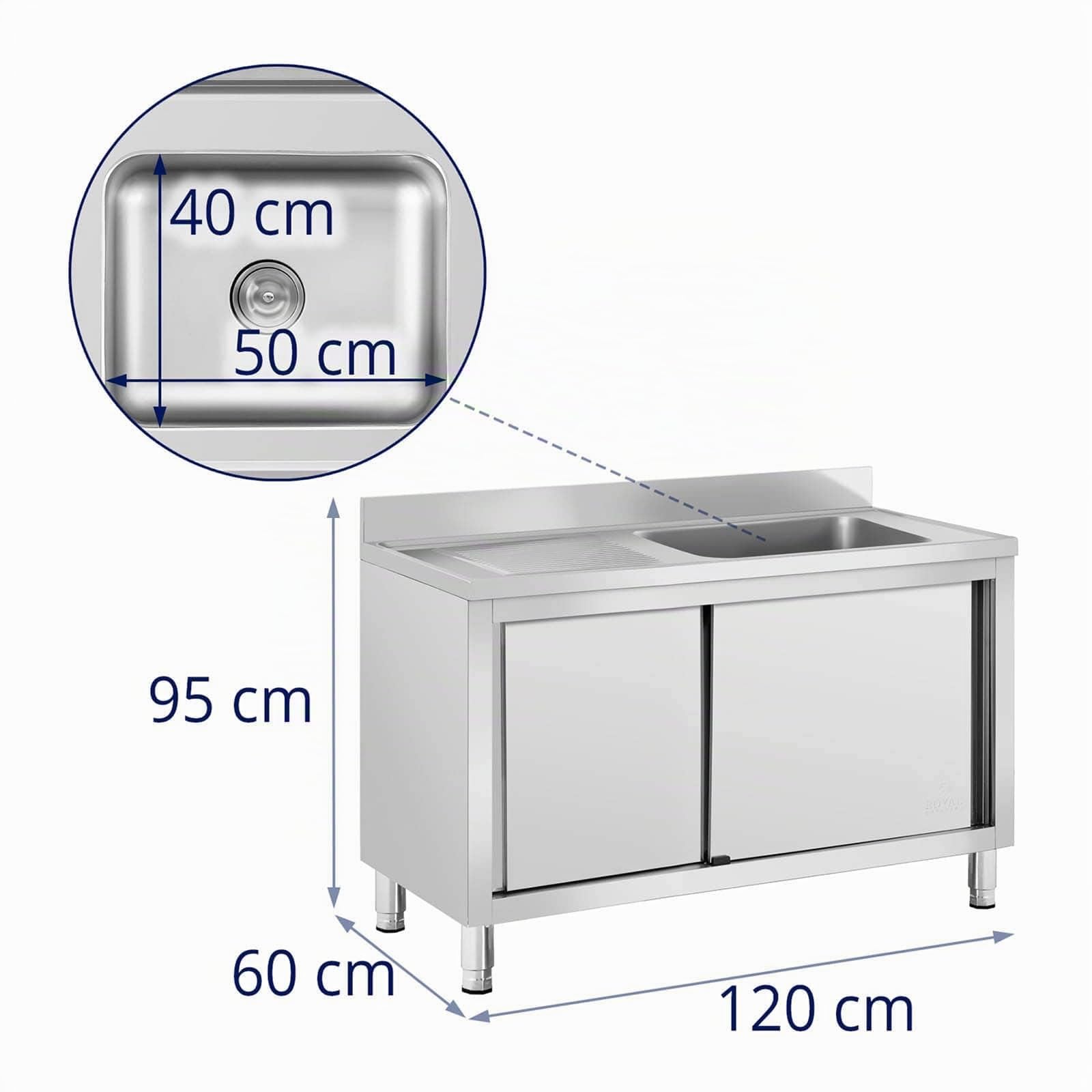 Royal Catering RC-IKS07 Plonge En Inox Professionnelle Sur Meuble Bas Armoire Placard Avec Évier Acier Inoxydable (1 bac : 500 x 400 x 260 mm, Hauteur du dosseret : 100 mm, Pieds Réglables)