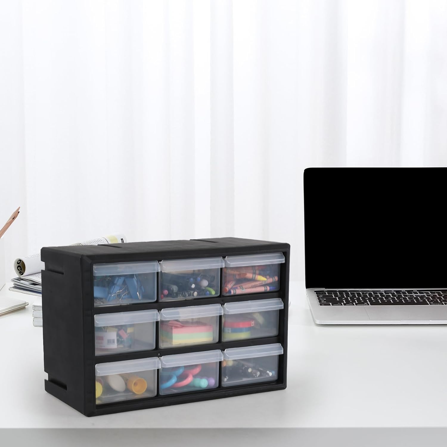 9-Drawer Plastic Drawer Hardware Storage Cabinet, Small Plastic Drawer Storage Cabinet for Garage, Black, F