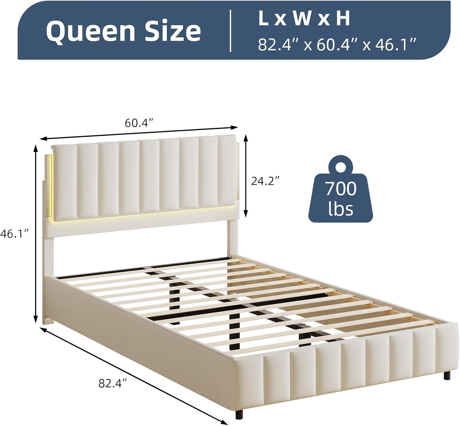 REVOMINCA Queen Bed Frame with Headboard and LED Lights, Modern Upholstered Faux Leather Platform Bed with Wooden Slats Support, No Box Spring Needed, Easy Assembly, Cream
