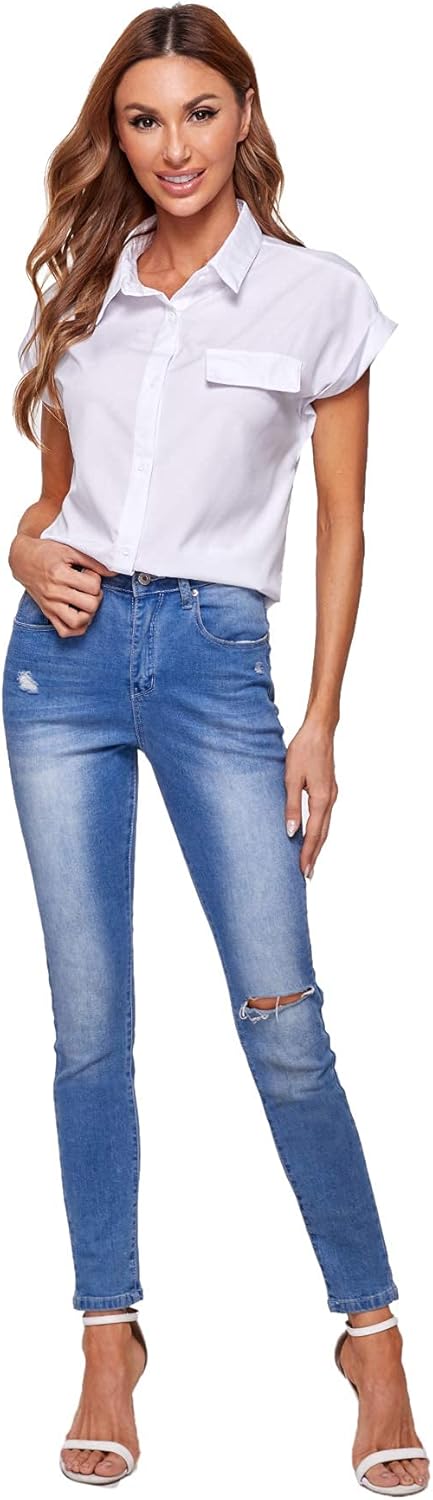 Milumia Women Casual Short Sleeve Button Down Collar Shirt Blouse Front Tie Knot Tops
