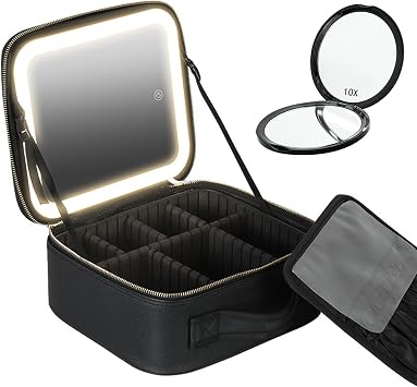 mumisuto Makeup Bag with Light Up Mirror Travel Makeup Case with Adjustable Dividers Cosmetic Bags Brush Organizer with 3 Adjustable Brightness Portable Artist Organizer Bag with Makeup Brush Storage