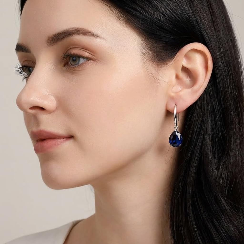 Blue Sapphire Teardrop Earrings for Women - Navy Blue Gemstone Dangle Earrings, Silver Tone Fashion Jewelry for Weddings, Prom & Daily Wear