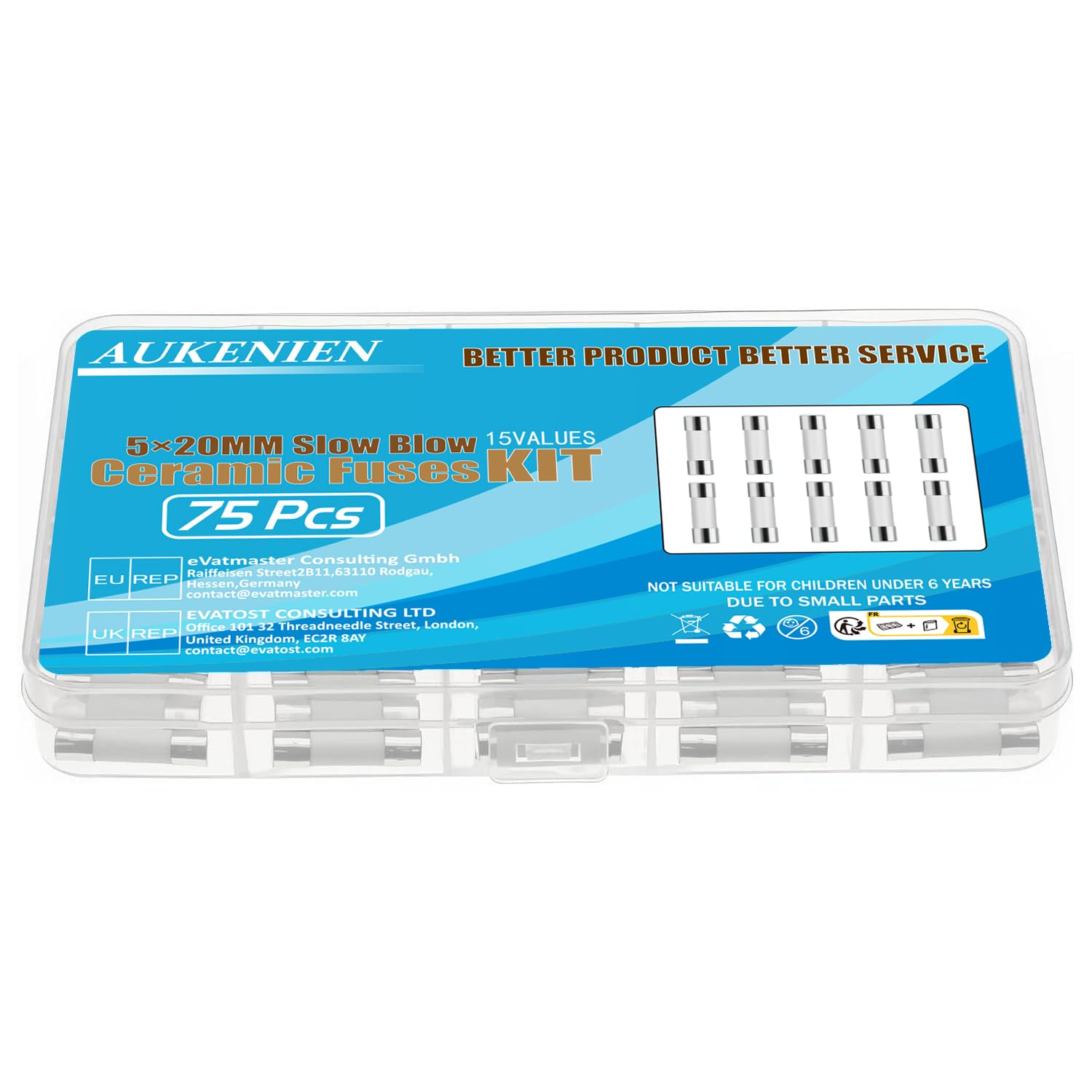 AUKENIEN 5x20MM Bezpieczniki Ceramiczne Zwłoczne 15Wartość T 0,5 A 1 A 1,6 A 2 A 2,5 A 3 A 3,15 A 4 A 5 A 6,3 A 8 A 10 A 12 A 15 A 20 A 250V Zestaw Asortymentowy Bezpieczników Ceramicznych Zwłocznych