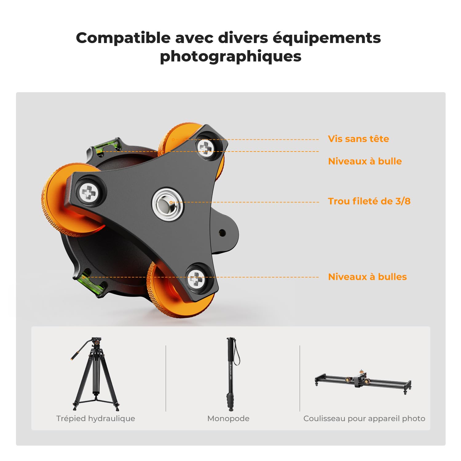 K&F Concept Trépied Niveleur à Trois Roues, Réglage Base de Nivellement LP‑48, Niveau à Bulle de Niveleur Aluminium pour Appareil Photo Canon, Nikon et Sony DSLR, Rotule