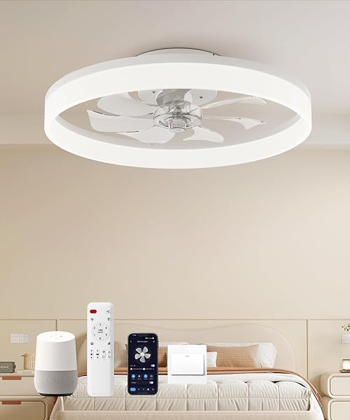 Smart Ceiling Fans with Light and Remote,20'' Low Profile Ceiling Fan with 6-Speed & Dimmable LED, Alexa/APP Home Voice Control, App, Reversible Airflow, App Timer, for Bedroom（White）