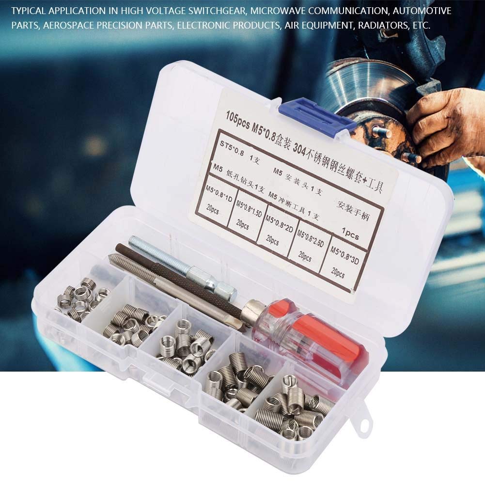 105pcs Threaded Inserts Repair Kit Stainless Steel Type Wire Insert Installation Set (M5 x 0.8)