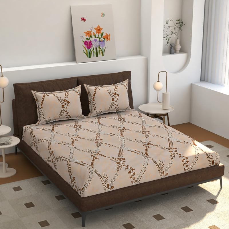 Image of Florida Peach Floral Polycotton Double Bed AC Comforter with 1 Bedsheet & 2 Pillow Covers | Ultra Soft Reversible 4 Pc Bedding Set
