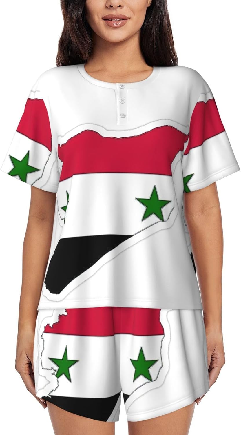 Women'S Syrian Flag Map Print Pajamas Set,Womens Pj Sets For Summer,Loungewear Sets With Cooling Fabric