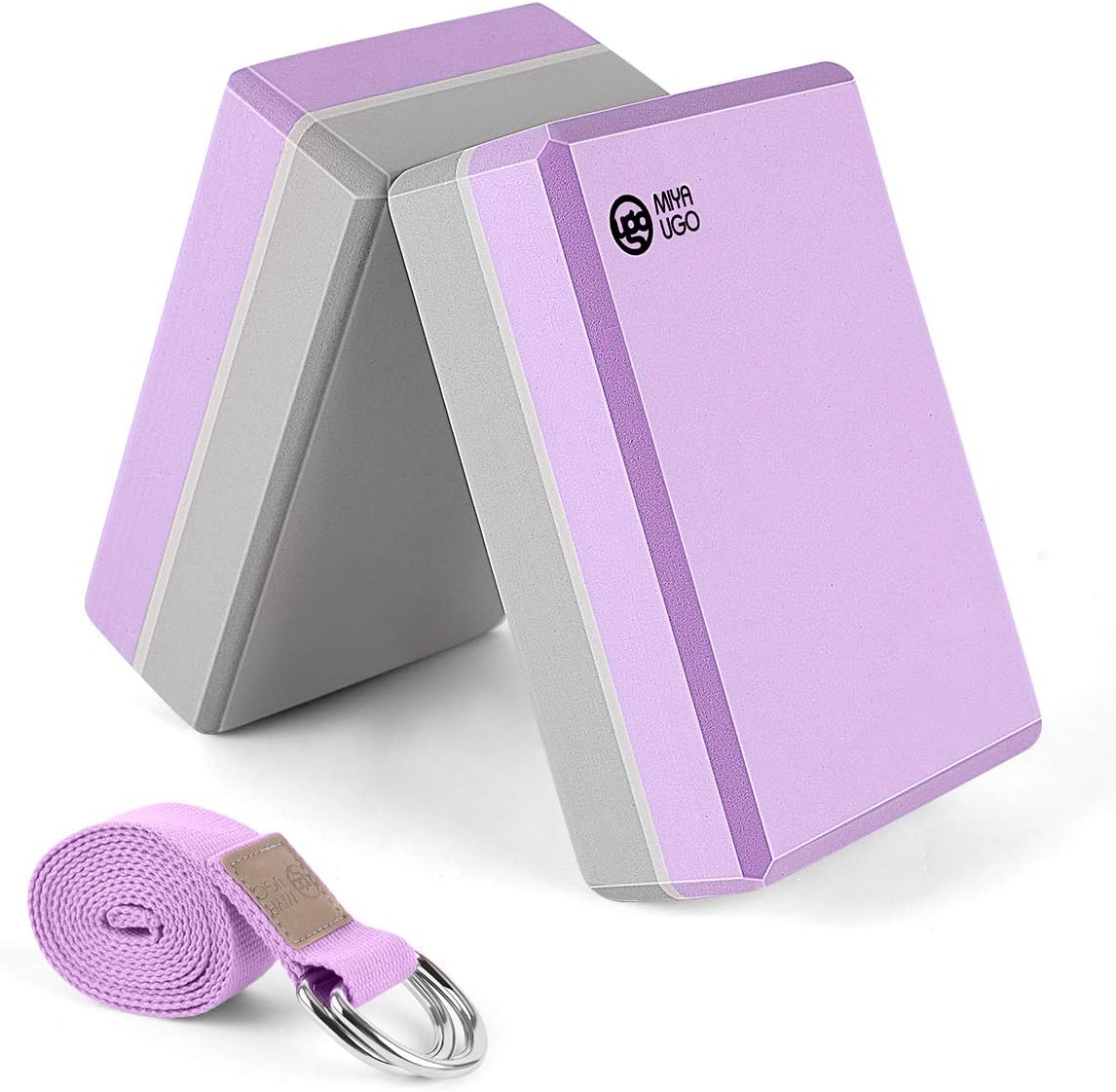 MIYA UGO Yoga Block (2 Pack) and Yoga Strap Set High Density Non-Slip EVA Foam Soft Block Surface for Yoga Pilates Meditation