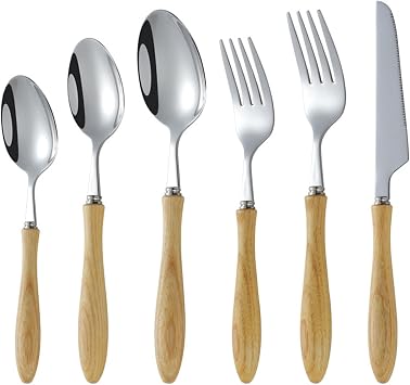 Wood Silverware Set for 4 Modern 24 Piece Flatware Cutlery Wooden Handles Utensils Set Durable 18/8 Stainless Steel Include Knives Forks and Spoons Tableware Set for Home Kitchen Wedding Polished