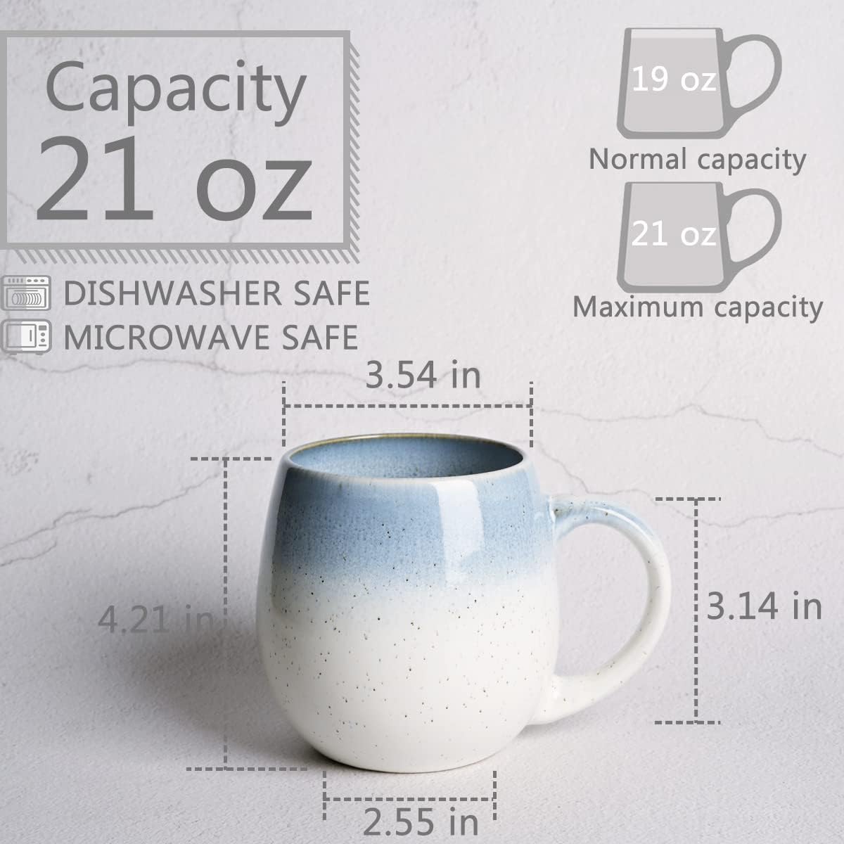 Bosmarlin Large Ceramic Coffee Mug, 21 Oz, Round Big Tea Cup, Dishwasher and Microwave Safe, Egg Shaped Mug, Reactive Glaze (Blue) image 2