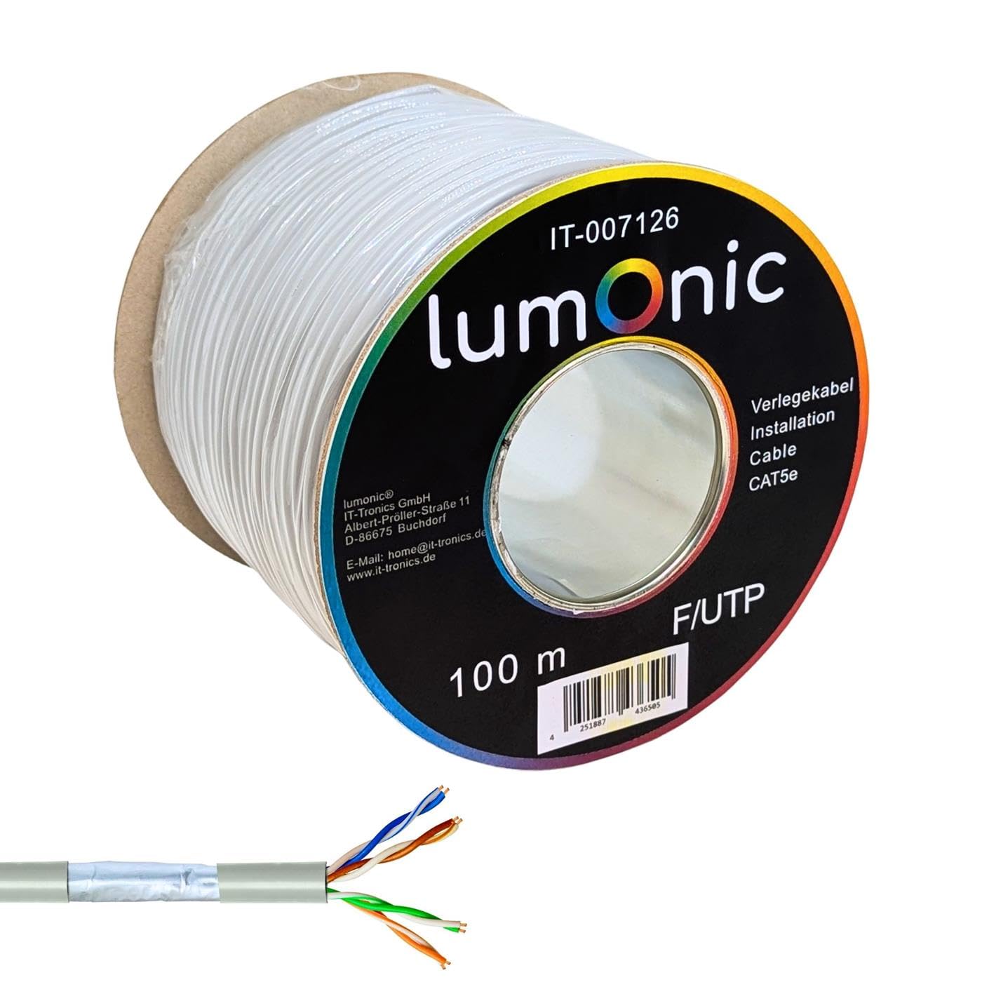 Lumonic 100m Cable de red CAT 5e F/UTP I CAT5e-cable, Gigabit Lan Cable, Ethernet Cable I Cable flexible apantallado, para uso en interiores hasta 100 MHz