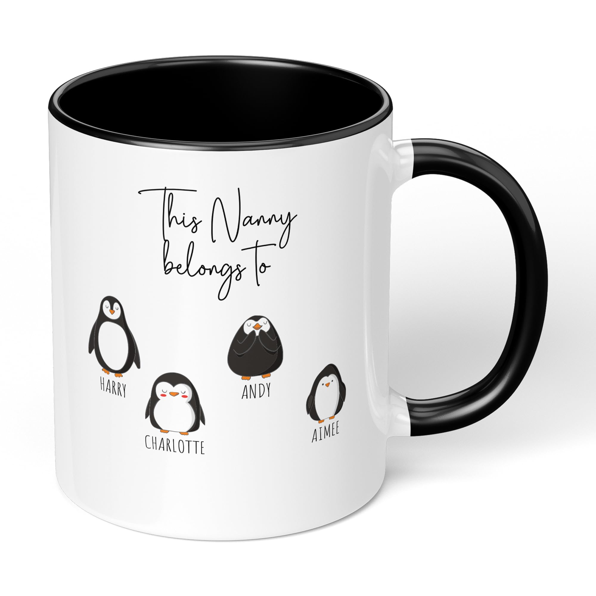 Print Maniacs Mothers Day Mug Cup 11oz Personalised Birthday Christmas Mum Mummy Nanny New Born Baby First 1st Coffee Tea Gift Present for Her Penguins (Black Fill Mug, Nanny)