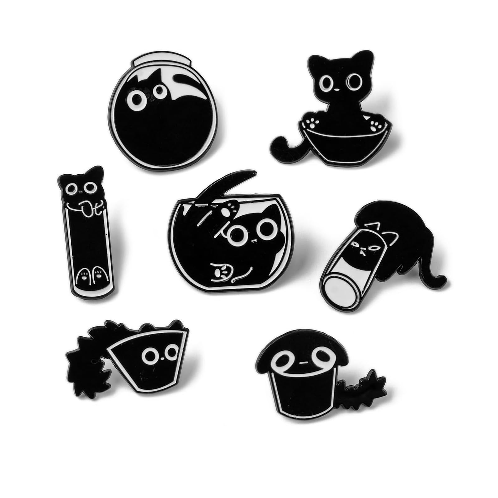 Broches émail Chat Noir – Lot De 7 Motifs Différents – Accessoire Pour Vêtements, Sacs, DIY – Cadeau Mignon