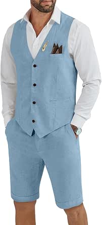 Herren Leinen 2-teiliger Anzug Slim Fit Hochzeit Bräutigam Trauzeugen Sommer Weste Shorts Set | Kurzer Anzug für Herren, Weste und kurze Hose, Sommeranzug für Hochzeit, Retro-Leinen-Sommerbräutigam-Kleid