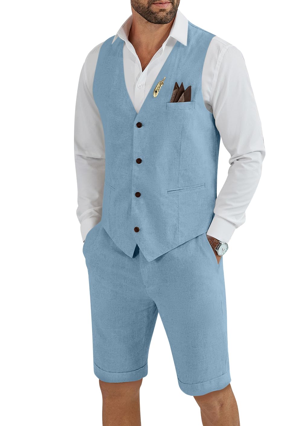 Photo 1 of Tiefony Men's Linen 2 Piece Suit Slim Fit Wedding Groom Groomsmen Summer Vest Shorts Set Light Blue L