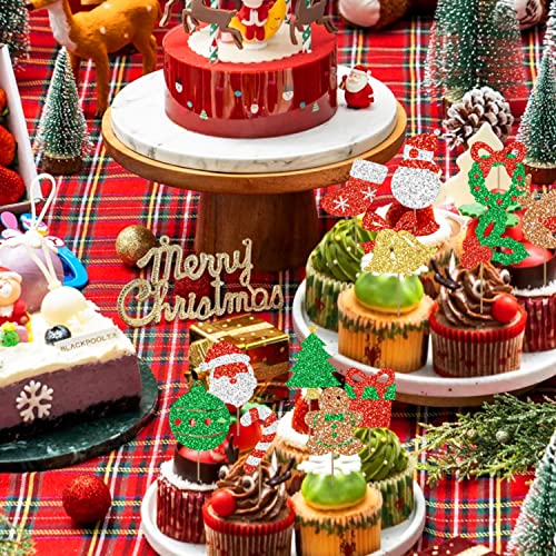 24 Pcs Christmas Cupcake Toppers, Glitter Gold Green Red Cupcake Decorations For Christmas Holiday, Snowman Cupcake Decorations, Santa Claus Party Supplies, Christmas Tree Cake Toppers #TOP1