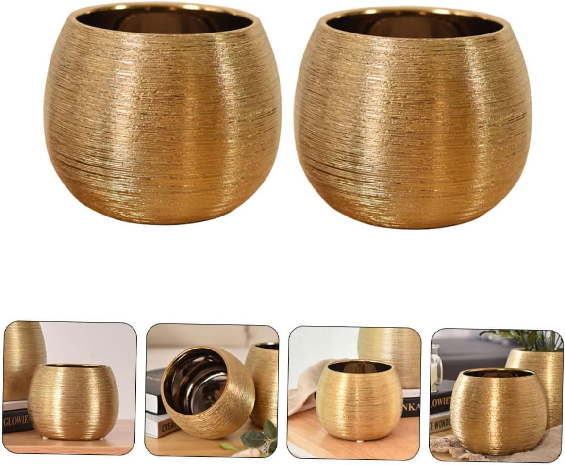 2pcs Brushed Round Pot Succulent Pot Vase Plant Growing Brass Vase Gold Tone Planters tery Garden s Desk Topper Cactus Planter Ceramics Succulents Household