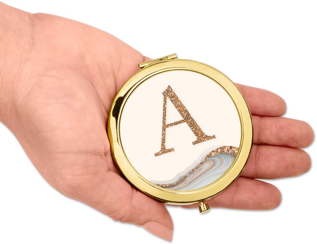 Andaz Press Gold Compact Mirror Bridesmaid's Gift, Monogram Initial Letter A, Quartz Marble Gold Copper Glitter, 1-Pack, Wedding Gifts Ideas for Maid of Honor