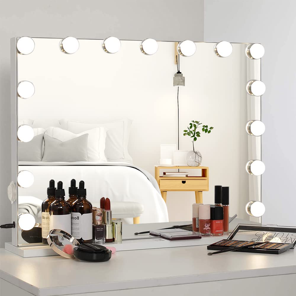 LIFTHOME Vanity Mirror Makeup Mirror with Lights,10X Magnification,Large Hollywood Lighted Vanity Mirror with 15 Dimmable LED Bulbs,3 Color Modes,Touch Control for Bedroom,Tabletop or Wall-Mounted