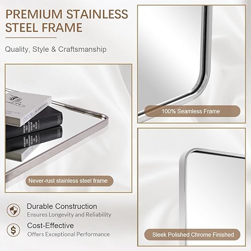 Miniatura 4 de ANDY STAR Espejo de baño cromado, espejo rectangular redondeado de 30 x 36 pulgadas, espejo de tocador de baño plateado pulido, marco de metal,