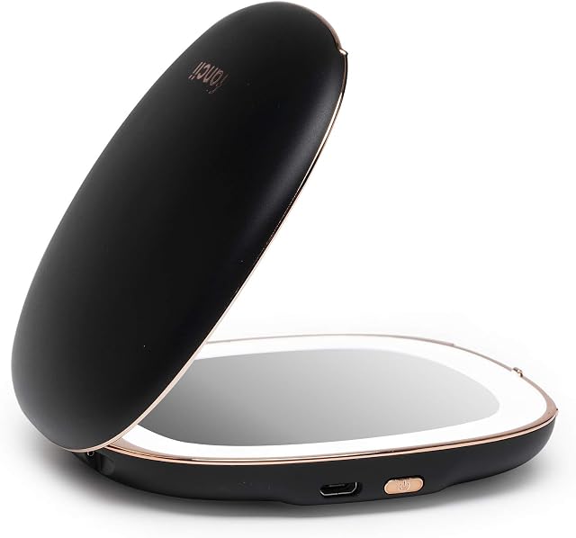 Fancii Rechargeable Compact Magnifying Mirror with Natural LED Lights, 1x/ 10x - Portable Lighted Handheld Makeup Mirror for Travel and Purses, Mila (Black)